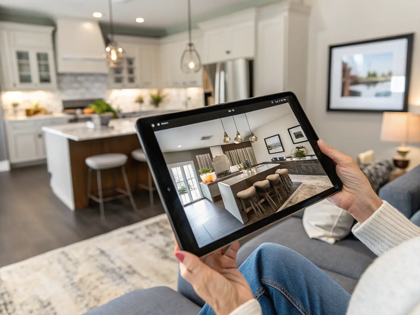 A 360-degree virtual tour interface displayed on a tablet, showing a seamless transition between different rooms of a property, highlighting the immersive experience.