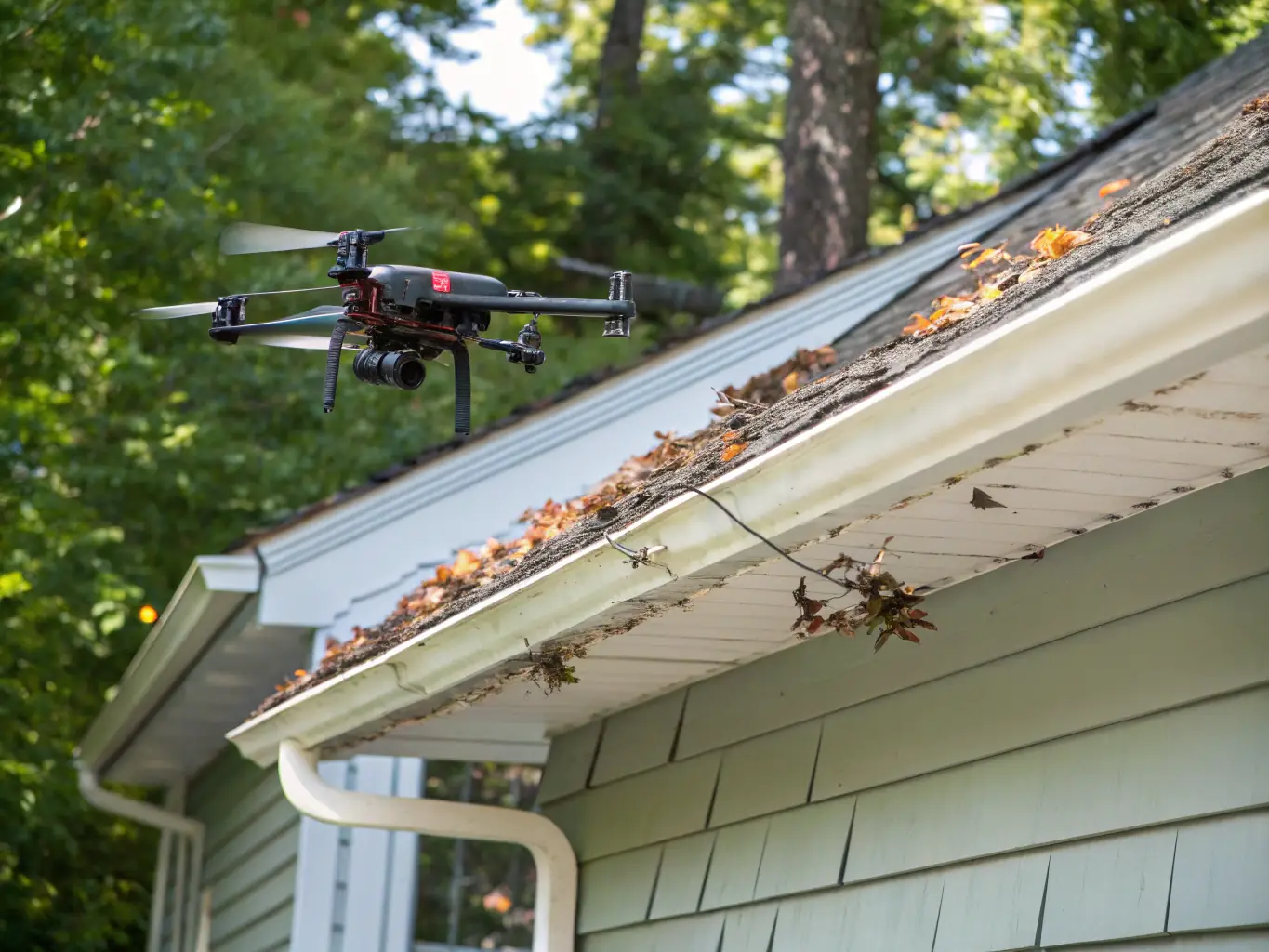 A photographer using a drone to capture aerial shots of a property, showcasing the unique perspective and comprehensive coverage offered in the premium package.