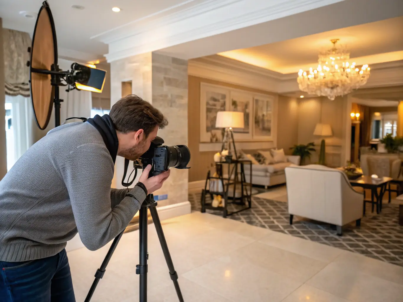 A real estate photographer capturing a bright and airy living room with professional equipment, showcasing the quality of high-resolution photography for real estate listings.